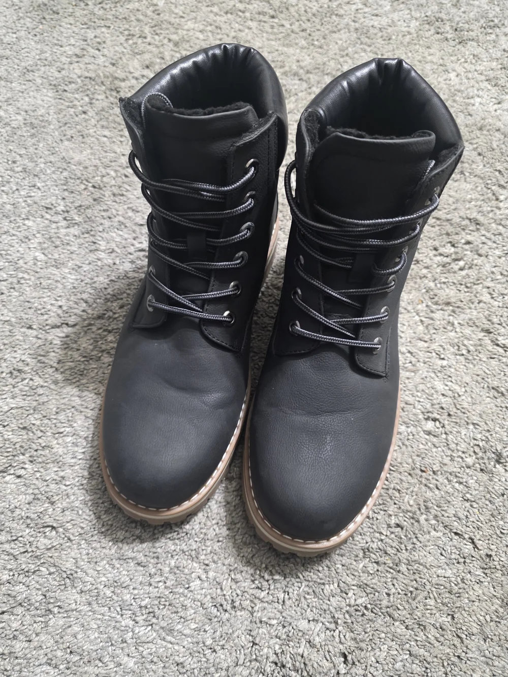 Men's Black Lace-Up Padded Collar Work Boots with Tan Sole